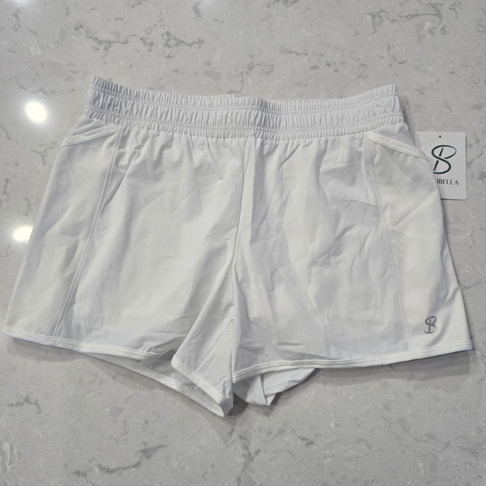 Sofibella Womens White Athletic Shorts Mesh Panel UPF 50 Memory Stretch NWT L